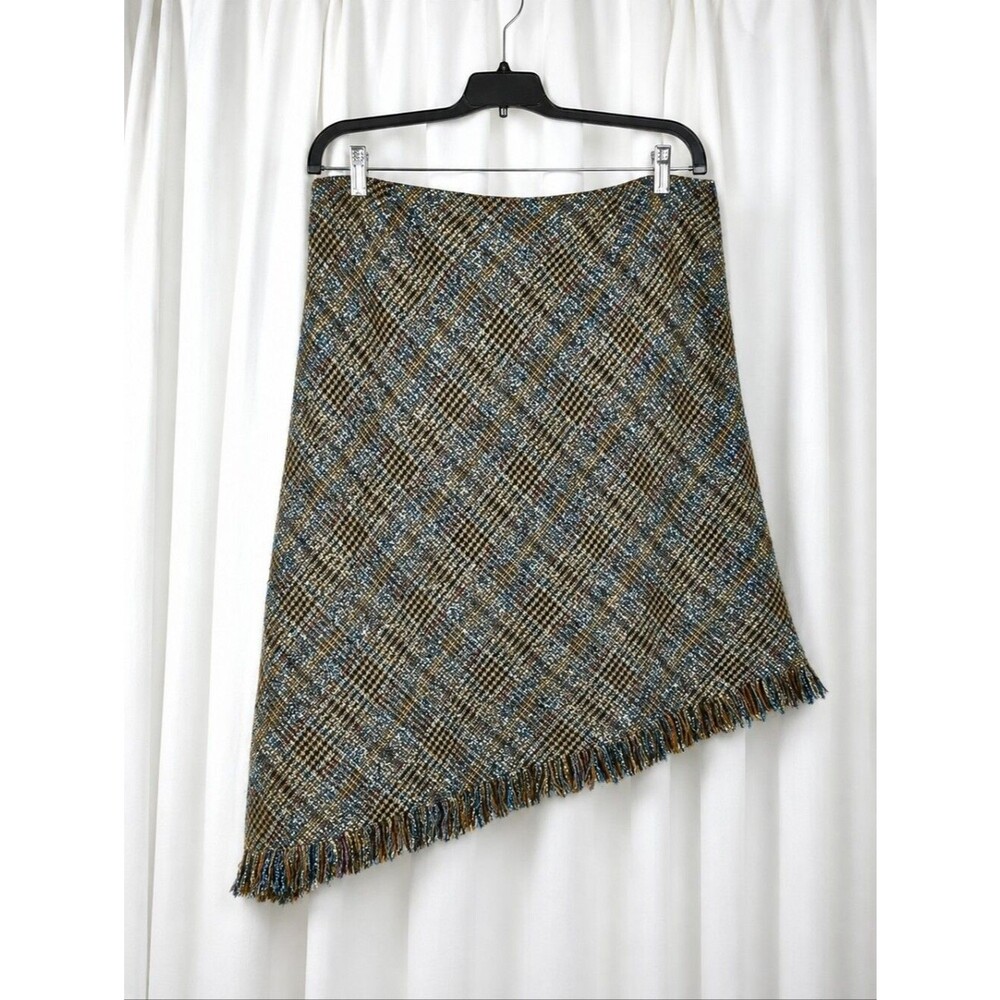 Tribal Vintage Brown Bouclé Plaid Tweed Fringe Hem Asymmetrical Wool Blend Skirt